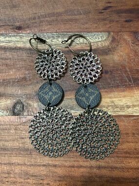 Filigree Metal Drop Earrings with Brown Accent Discs